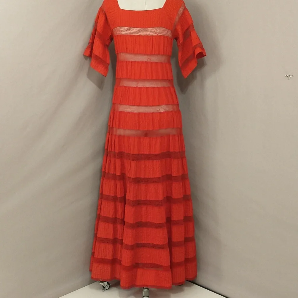 Red Mexican Wedding Dress Delicate Cotton Crochet 59" Long Traditional Fem Maxi - Picture 6 of 14